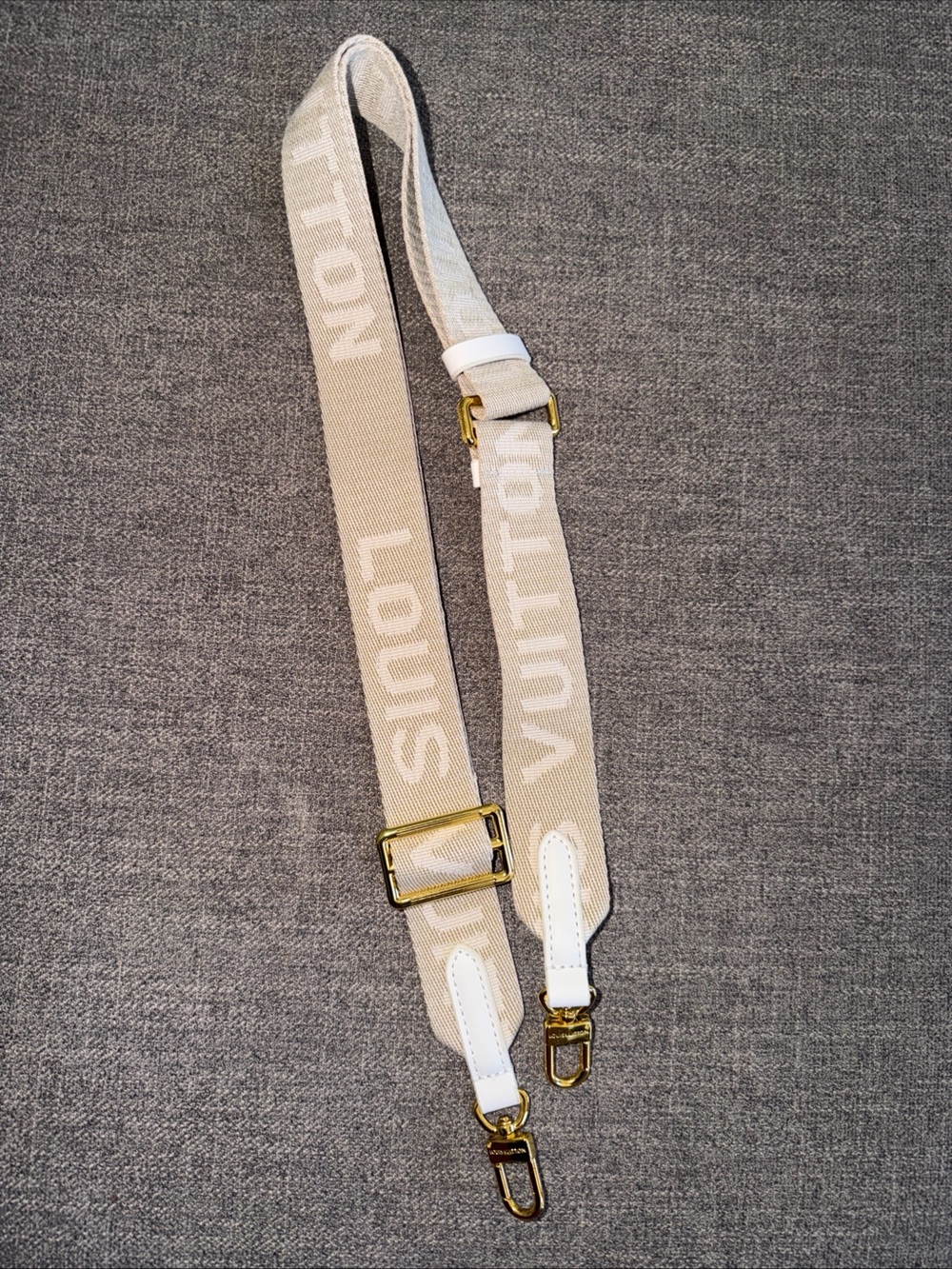 Source Unknown Beige and White Logo Canvas Bag Strap with Gold Hardware